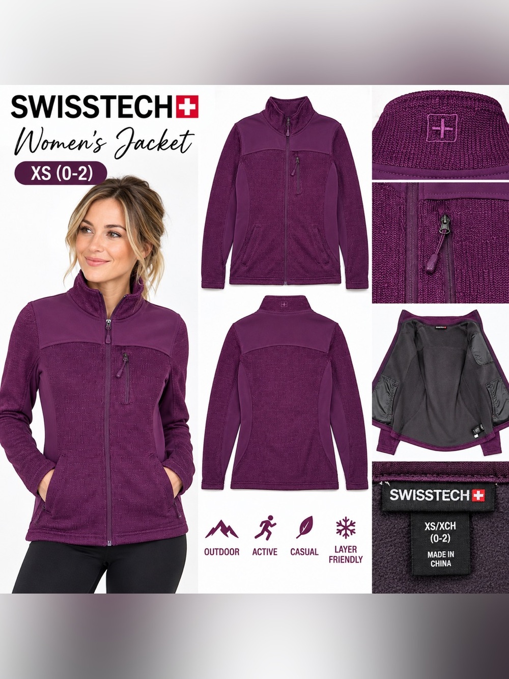 SwissTech Women’s XS Plum Purple Full Zip Fleece Knit Jacket